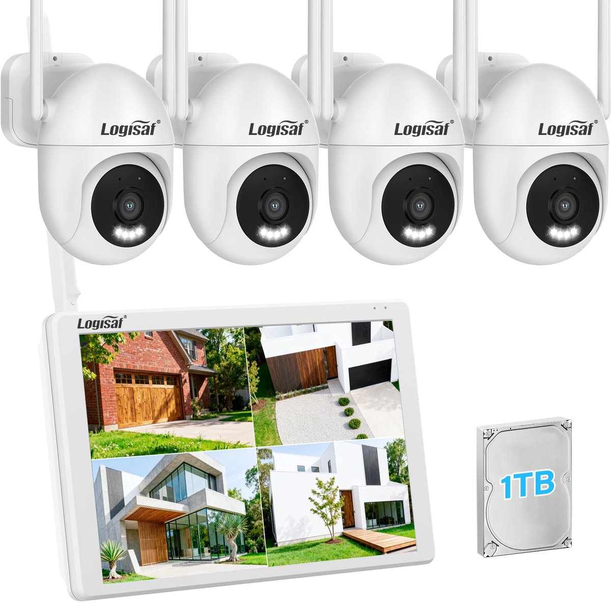 SnelShoppen - Logisaf PTZ Bewakingscamera Buiten met 10 Inch Monitor, 5 MP 10CH WiFi NVR, 4x 360° PTZ Camera, 24/7 Opname, Nachtzicht in Kleur, Automa