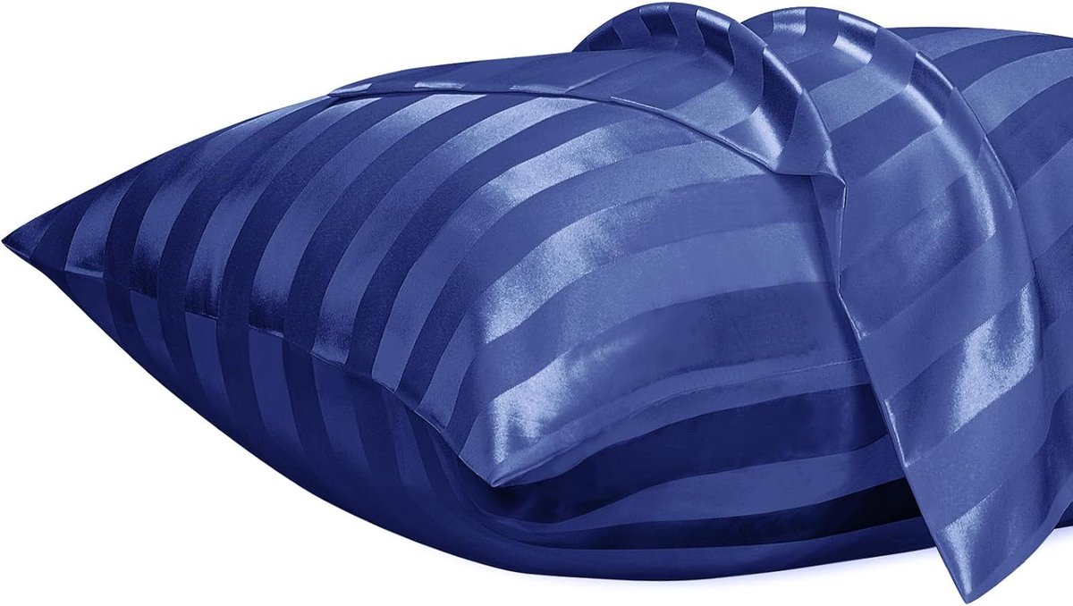 SnelShoppen - Luxe Satin Kussenhoes met Rits, Polyester Satijn Kussenhoes voor Haar, Glad Bloemenprint met Marineblauwe Strepen, 30 x 50 cm voor Slaap