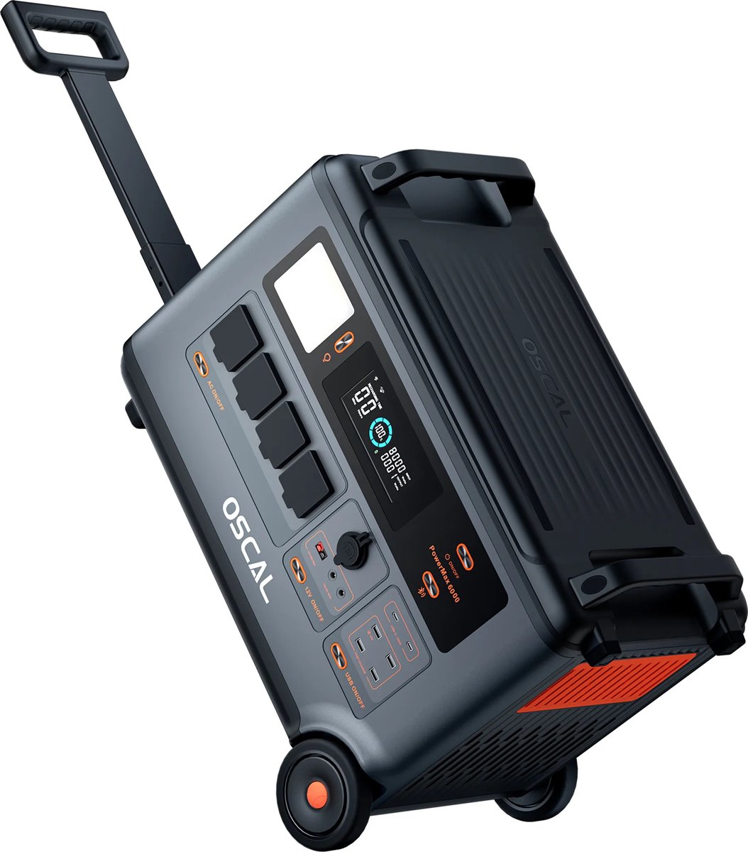 OSCAL PowerMax 6000W Draagbare Powerstation - ggregaat -Noodstroom - 3600Wh Generator- LiFePO4 - 120/240V bidirectionele omvormer - Snel Opladen - 11 Uitgangspoorten - App - Stroomgenerator voor Thuis, Kamperen, Evenementen Noodpakket