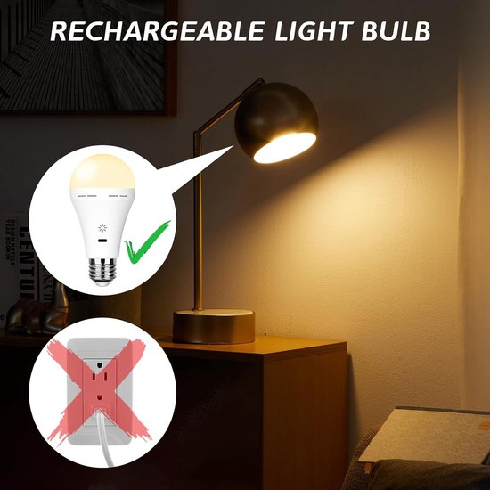 Oplaadbare Gloeilamp Afstandsbediening & Touch, 3000K Warm Licht 2 Stuk - 2600mAh Batterij, Accu, 7W 700lm, LED Dimbaar, USB-C, 3 Timer, Haak Inclusief, Voor Lampen Zonder Stroom, Noodverlichting — afbeelding 5