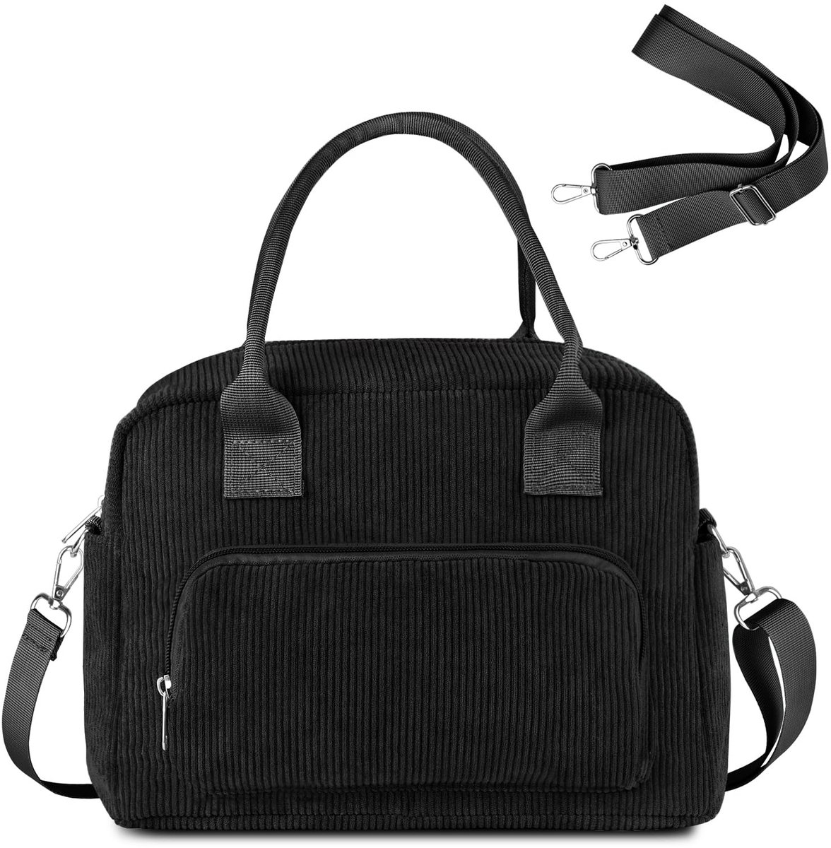 SnelShoppen - Geïsoleerde lunchtas koeltas voor dames en heren, grote corduroy lunchbox zwart voor werk, school, picknick en reizen
