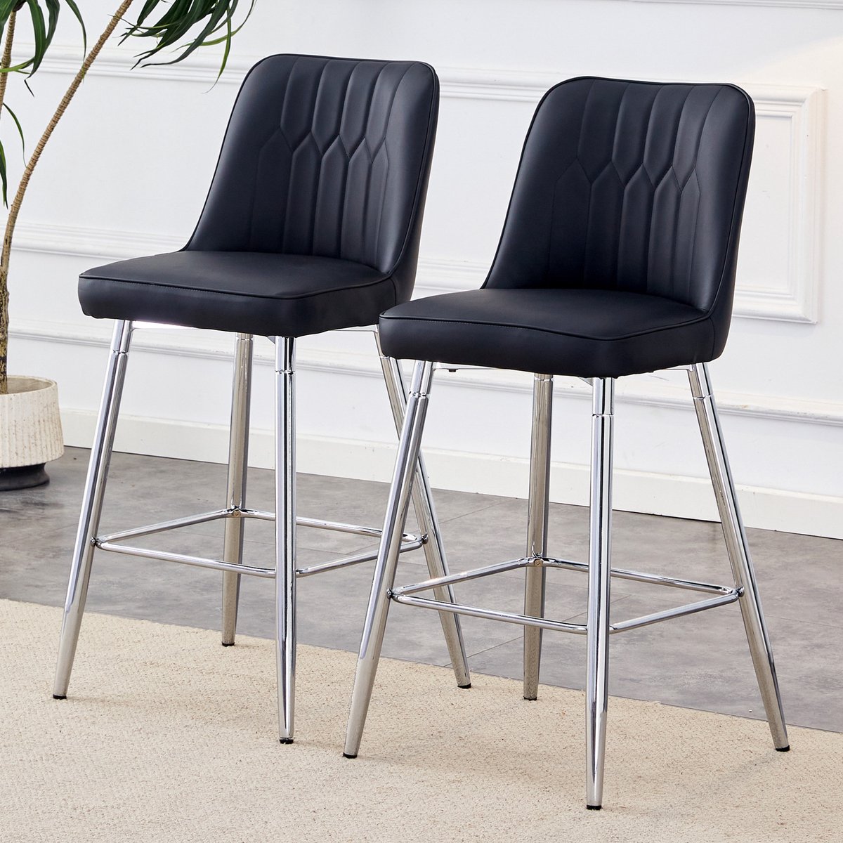 MEUNIQ barkruk set van 2, 100 cm hoog, met rugleuning en voetsteun, zwart PU-leer met zilverkleurig metaal voor keukenbar en huisbar Zwart/Zilver