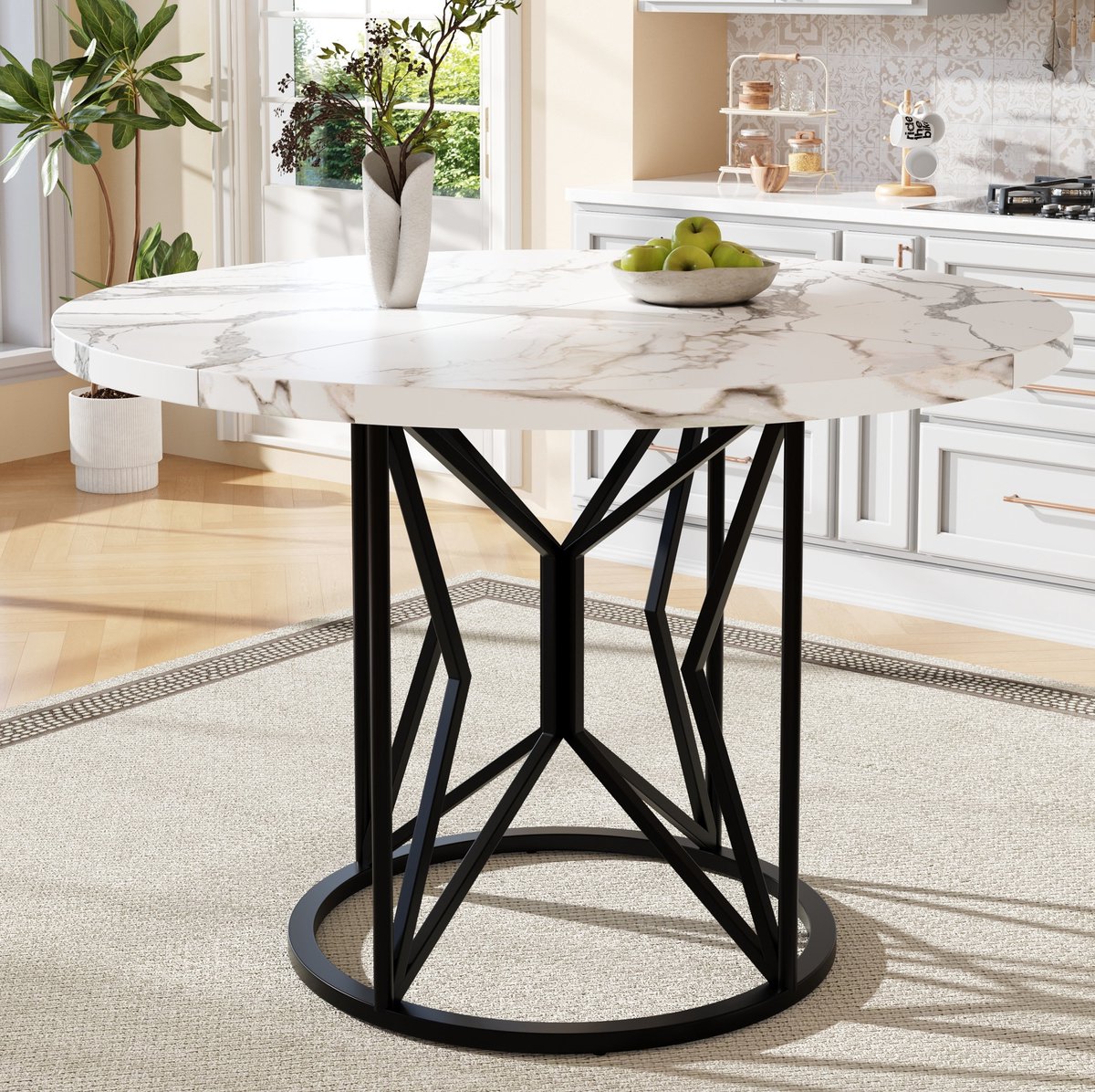 MEUNIQ ronde eettafel 100 cm met zwarte metalen poten, MDF blad met marmerlook, voor eetkamer en woonkamer