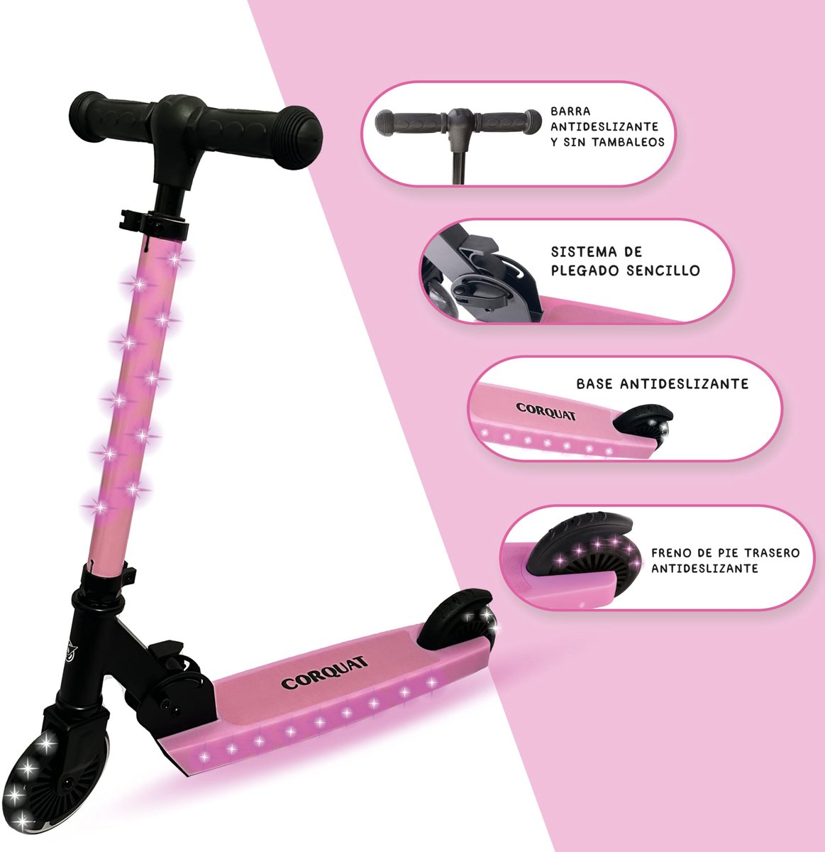 SnelShoppen - CORQUAT Scooter voor Kinderen 3-10 jaar - Inklapbaar, Hoogte Verstelbaar, LED Verlichting, Roze, Draagvermogen 60 kg - Perfect voor Buit