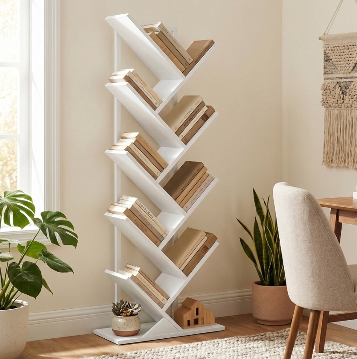 Boekenkast Vrijstaand Boomvormig 50 X 24 X 136 Cm Hout Wit Open Kast Met Stalen Frame Voor Boeken Cd En Dvd