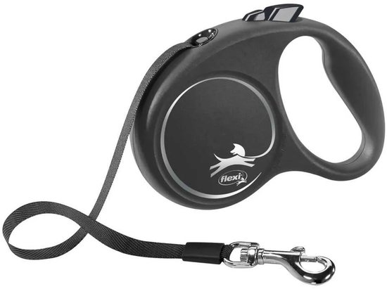 Zwarte Flexi Design rolhondenriem met tape, 5 meter lang, voor honden tot 15 kg.