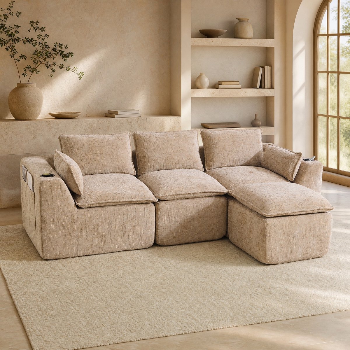 REDOM - Hoekbank - 3 zitplaatsen en voetbank - Chenille bekleding - Inclusief kussens, bekerhouder en 2 zijvakken - Khaki - 256 x 161 x 75 cm