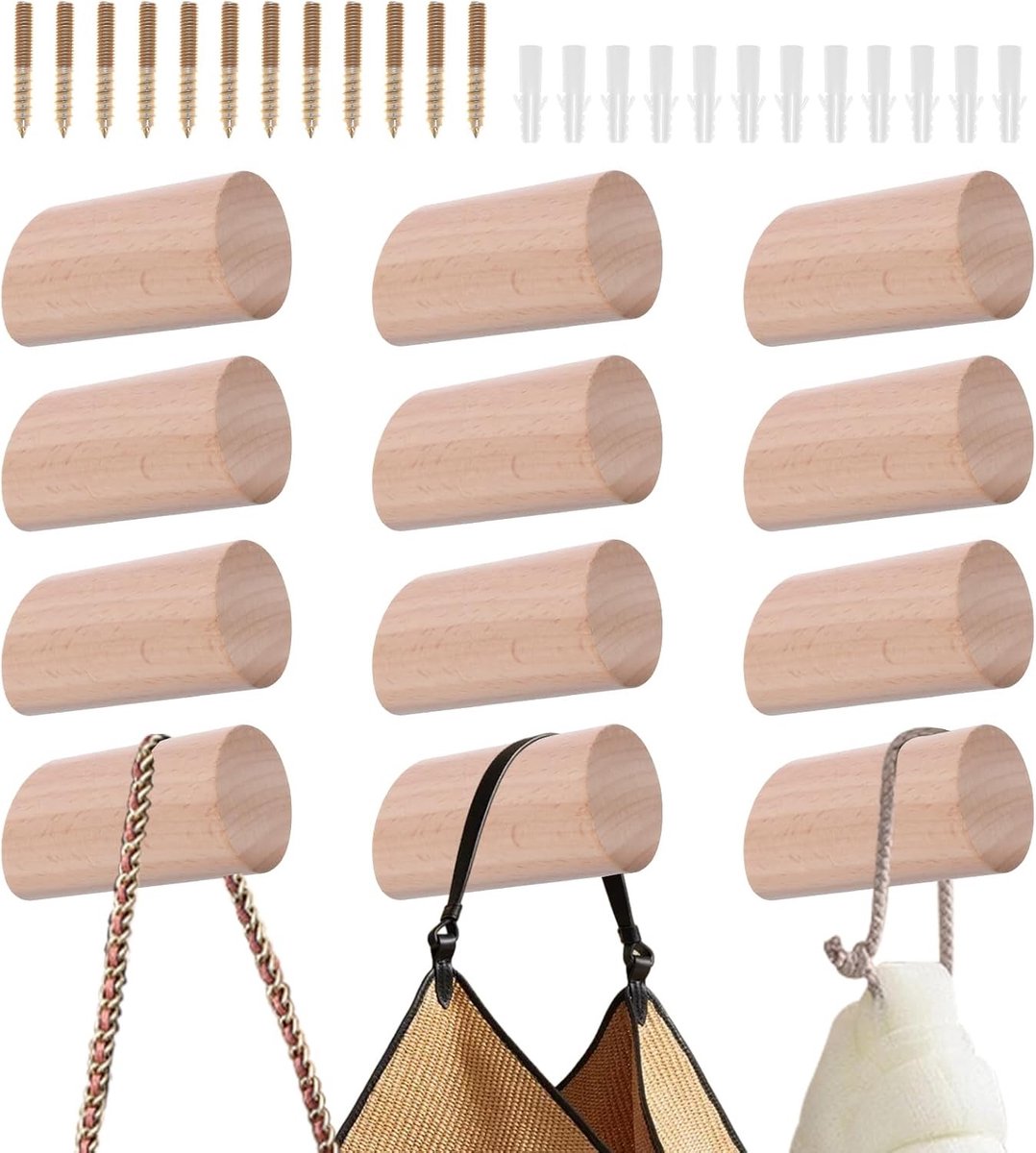 Set van 12 Houten Wandhaken voor Kleding, Minimalistische Decoratieve Haken voor Jassen, Tassen en Sjaals, Inclusief Schroeven voor Eenvoudige Bevestiging