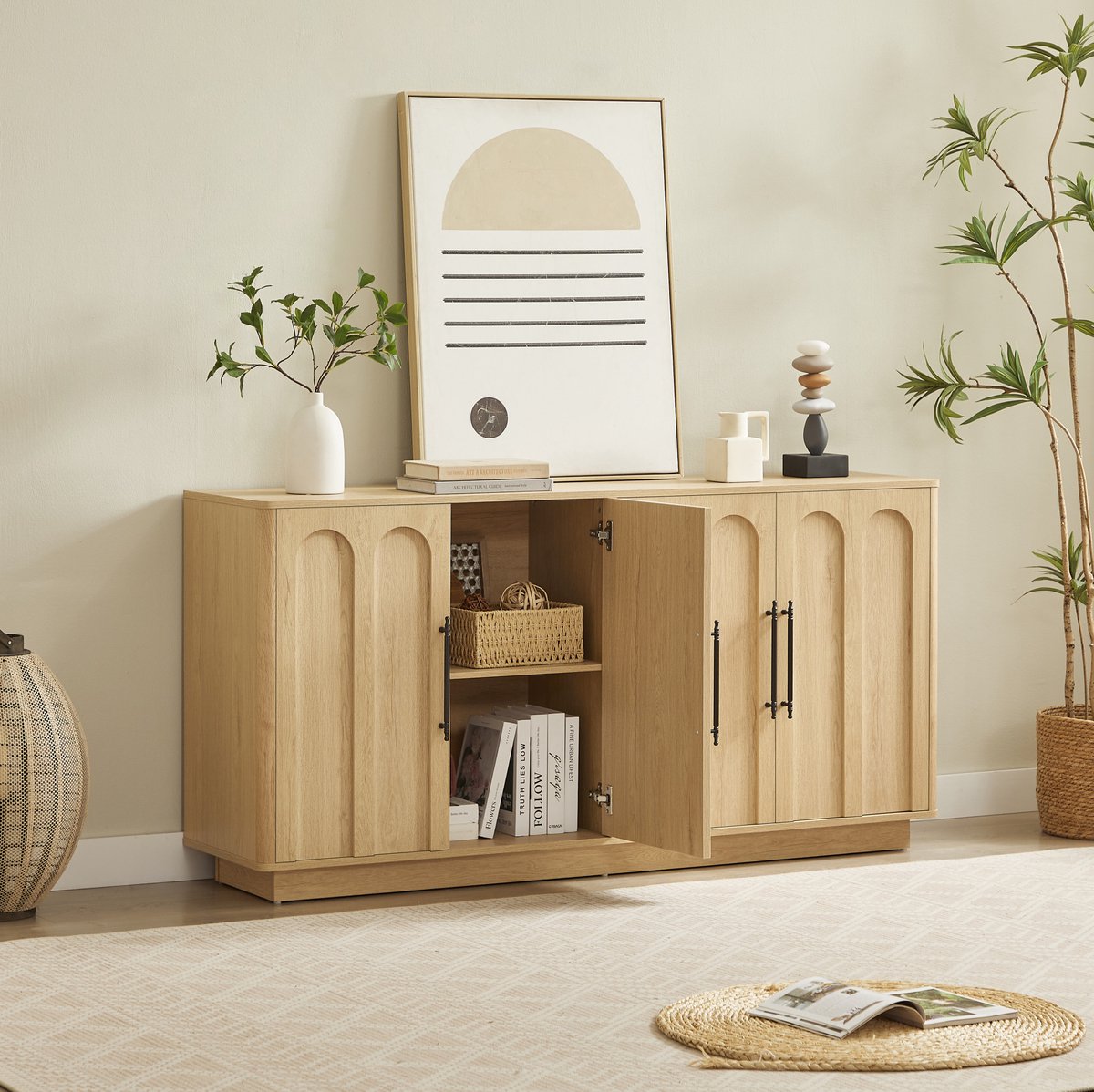 DESMIU Dressoir - Boogfront Met 4 Deuren En Zachtsluitende Scharnieren - Voor Woonkamer En Eetkamer - MDF - 160x40x80 Cm - Eikenkleur