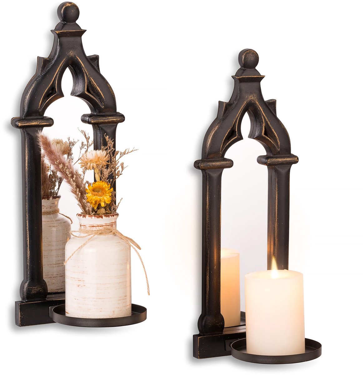 SnelShoppen - Walasis Gotische Houten Kaarsenhouder Wanddecor - Zwarte Kandelaars Sconce Set van 2 voor Thuis, Feest, en Boerderij Stijl