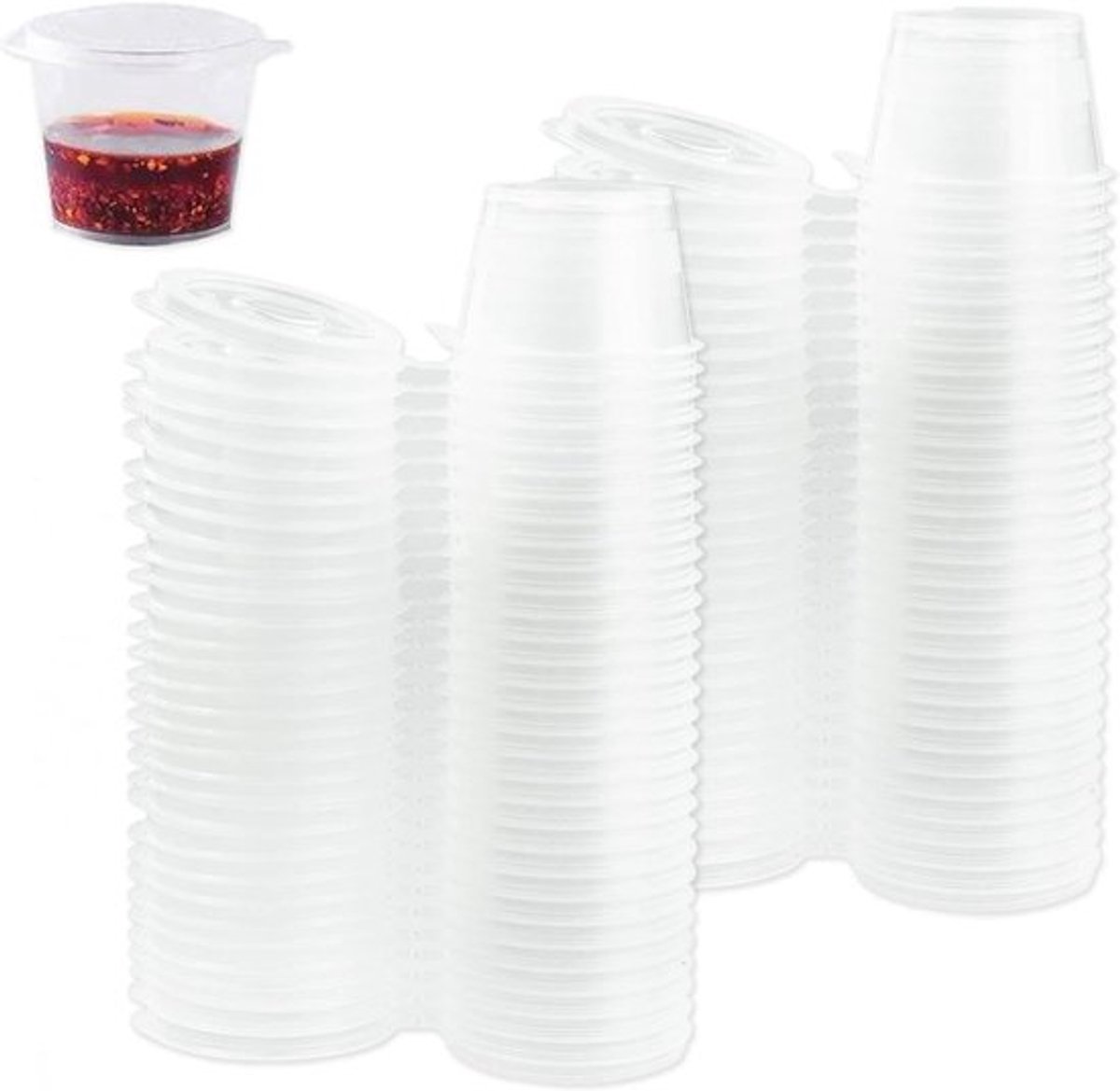 Kunststof Potten 100 Stuks - Kleine Sauspan 25 ml - Herbruikbaar - Transparant - Met Deksel - Voor Lekkernijen/Sauzen - Voedselpotjes