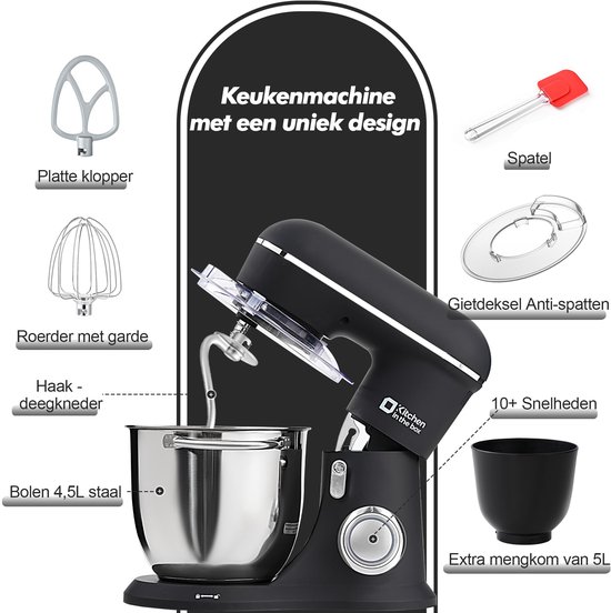 Keukenmachine - Standmixer - Bakken en Koken - Dubbele Mengkom - 1300 Watt - Zwart — afbeelding 5