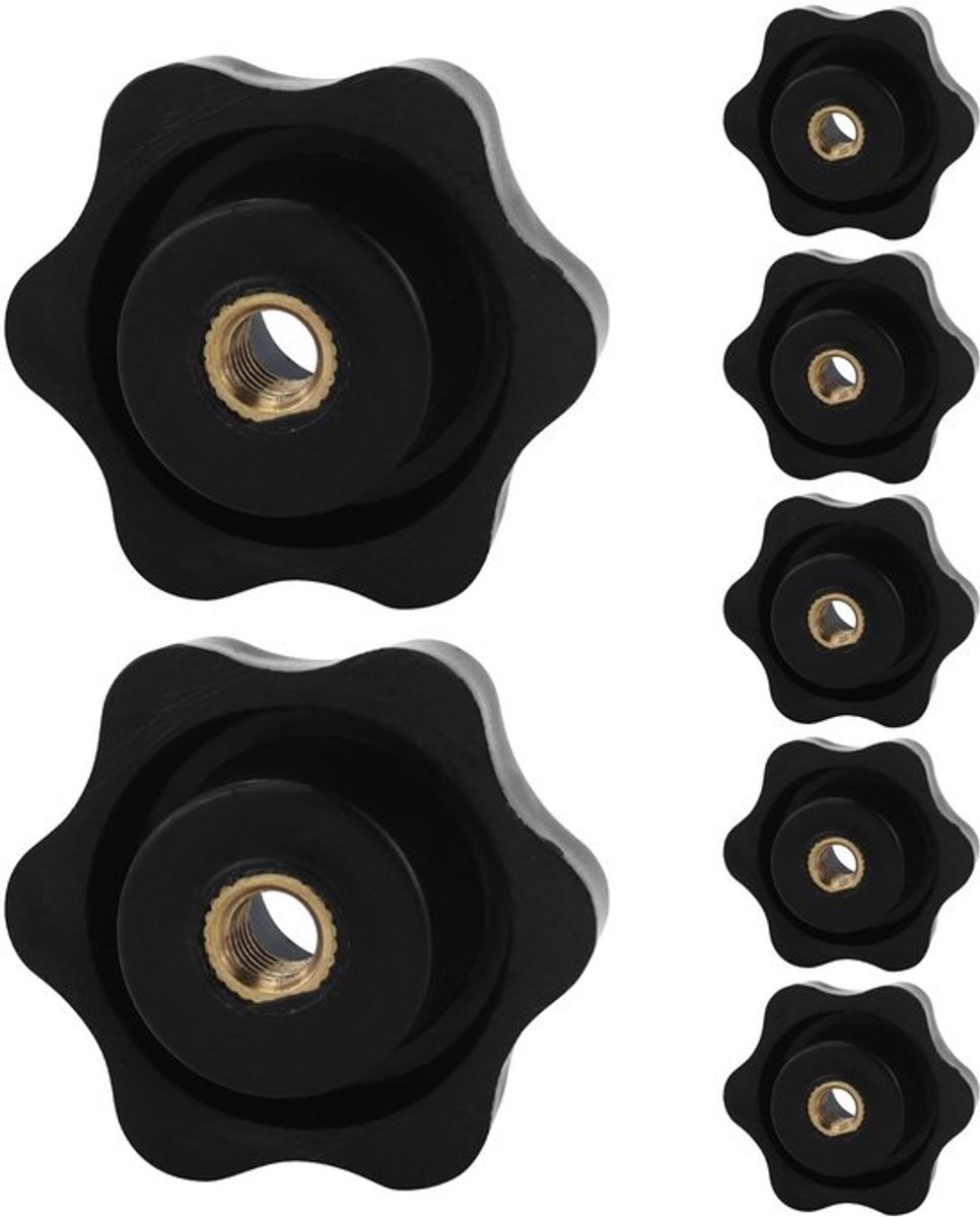 Klemsterknoppen 7-delig - Stergreepmoeren - Kunststof/Messing - M6 x 38 mm - Zwart - Roestbestendig. - Sterknoppen