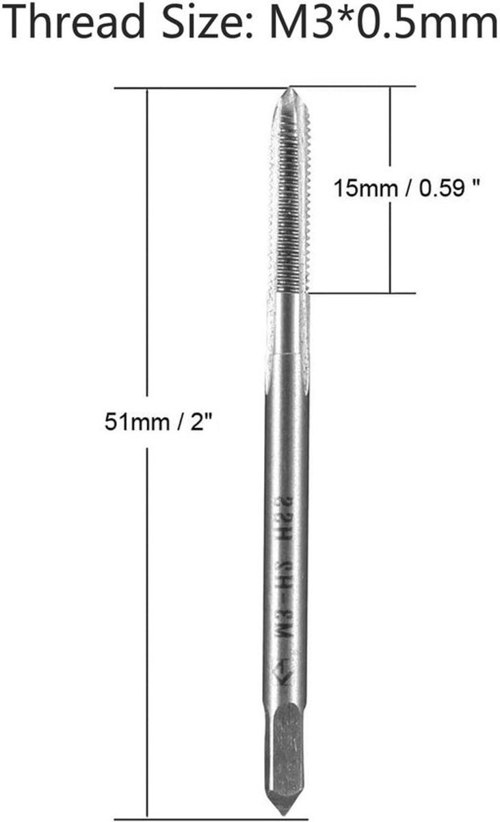Metrische Machine Tap H2 - HSS - 3 Rechte Fluiten - Draadmaat M3 x 0,5mm - 15mm Draadlengte - Voor Klokken/Horloges - Voor Hout/Zachte Metalen - Draadkraan