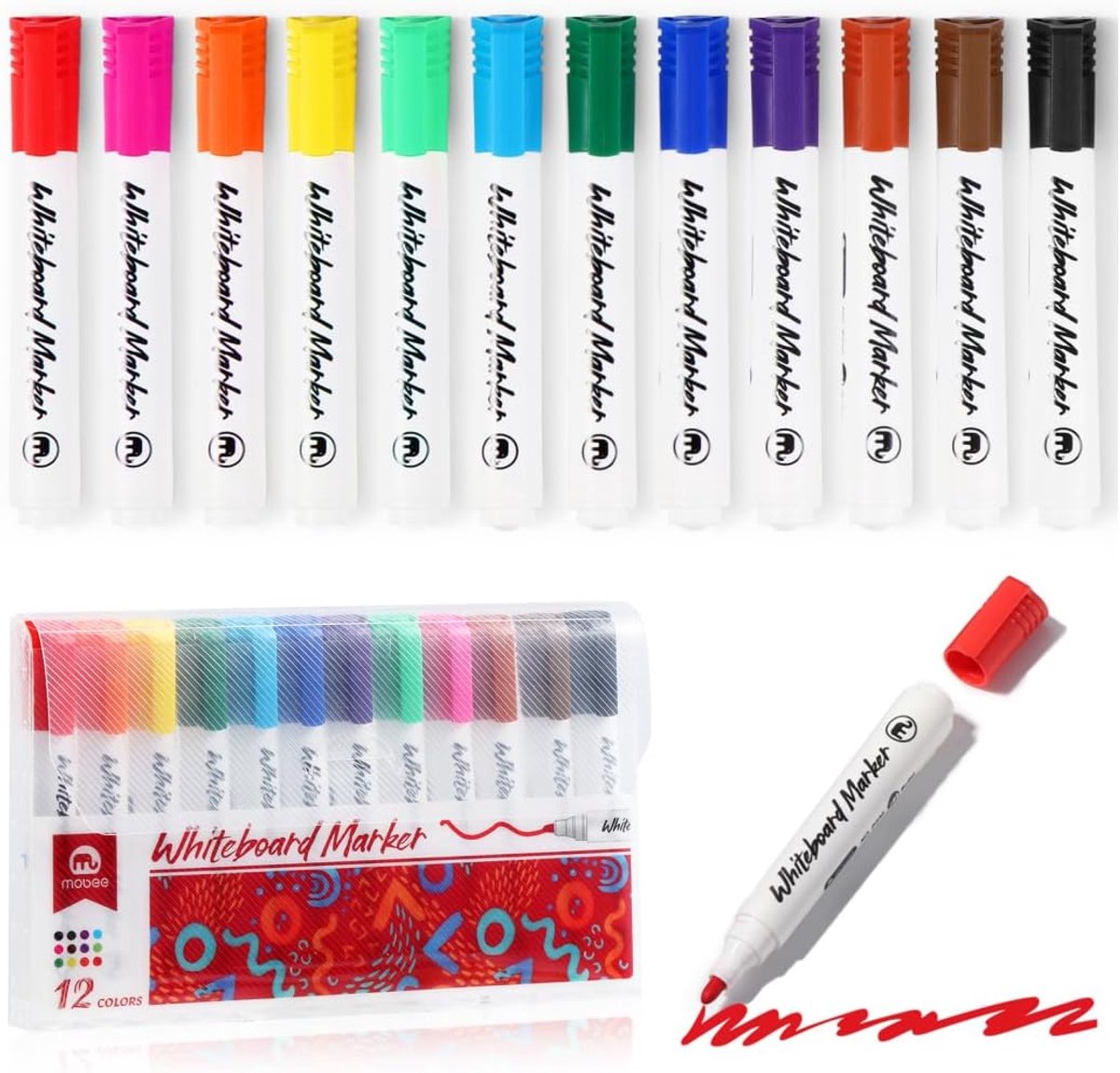 Whiteboardstiften 12 stuks - afwasbaar - vloeibare krijtmarker - ideaal voor schoolbenodigdheden - ShopVlot