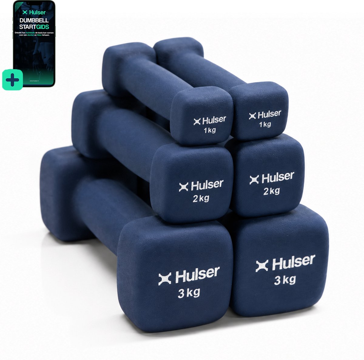 Hulser Dumbbell set 1 t/m 3 kg - Neopreen - Blauw - Met digitale startgids - 2 x 1 kg, 2 x 2 kg en 2 x 3 kg - Gewichten - Fitness halterset - Krachttraining halters