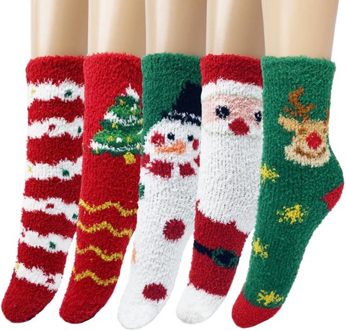 Kerstsokken 5 Paar - Pluizige Huissokken - Thermische Fleece Sokken - Veelkleurig - Cartoonpatronen - Maat 36-41 - Fuzzysokken