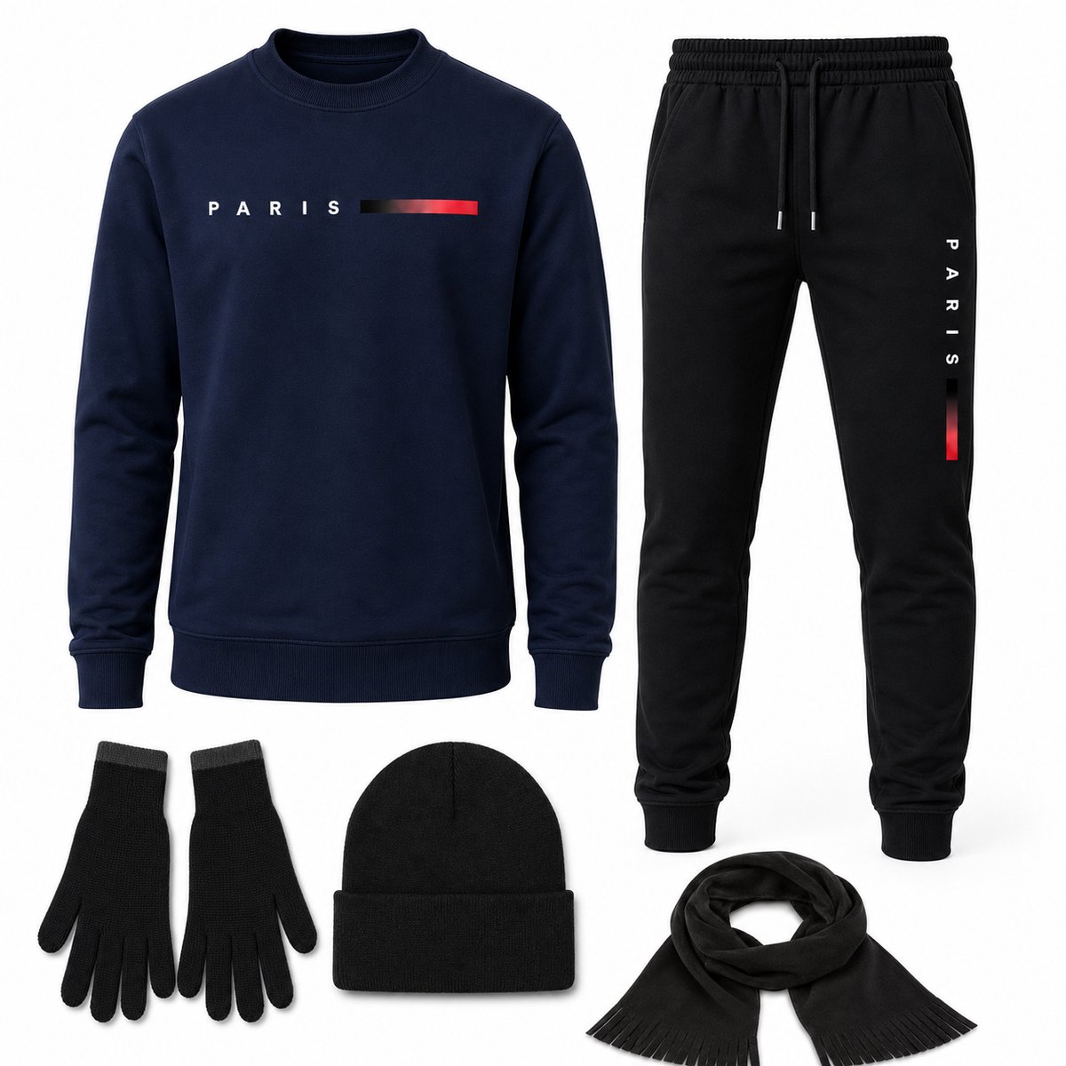 Trainingspak Heren – Joggingpak met Sweater en Joggingbroek – 5-Delige Winterset met Muts, Sjaal en Touchscreen Handschoenen - Marineblauw - XXL
