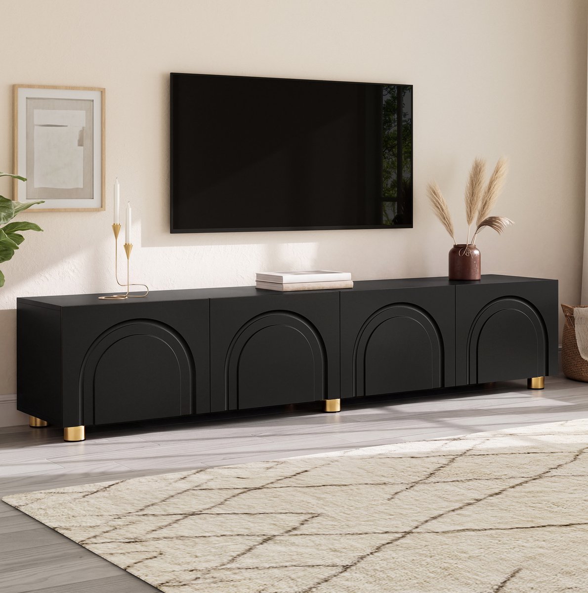REDOM- TV meubel - 4 deuren met bogenrelief - Opbergkast - Metalen poten - Design - Woonkamer - MDF en spaanplaat - Zwart - 180 x 35 x 40 cm