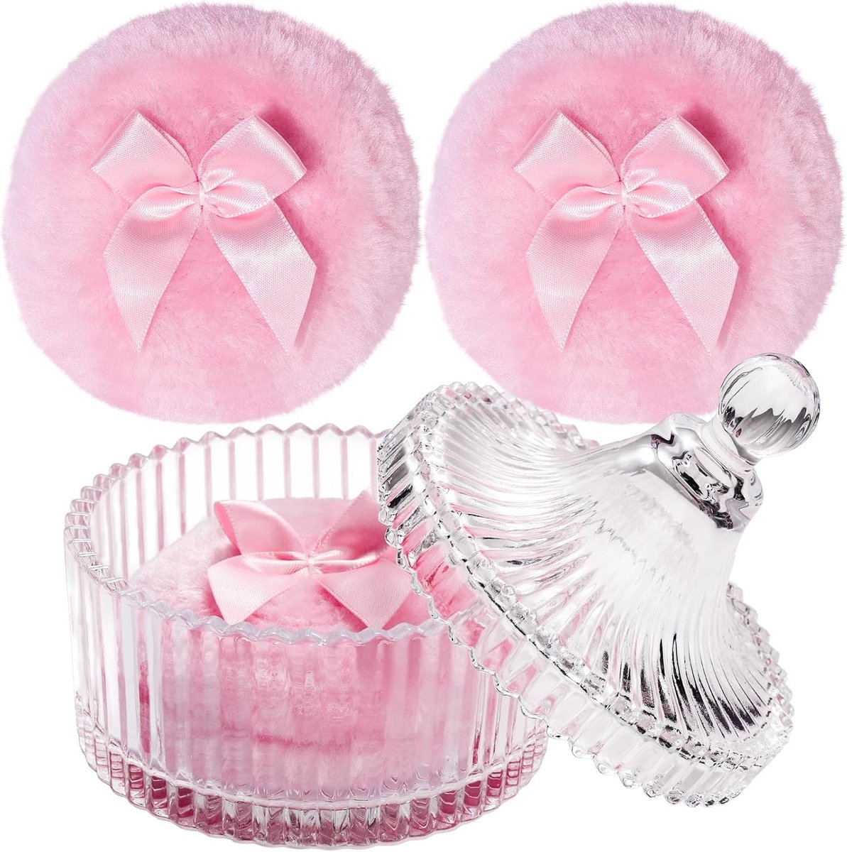 Set van 4 Zachte Poeder Puff voor Gezicht en Lichaam met Glazen Poederdoos - Perfect voor Make-up en Verzorging