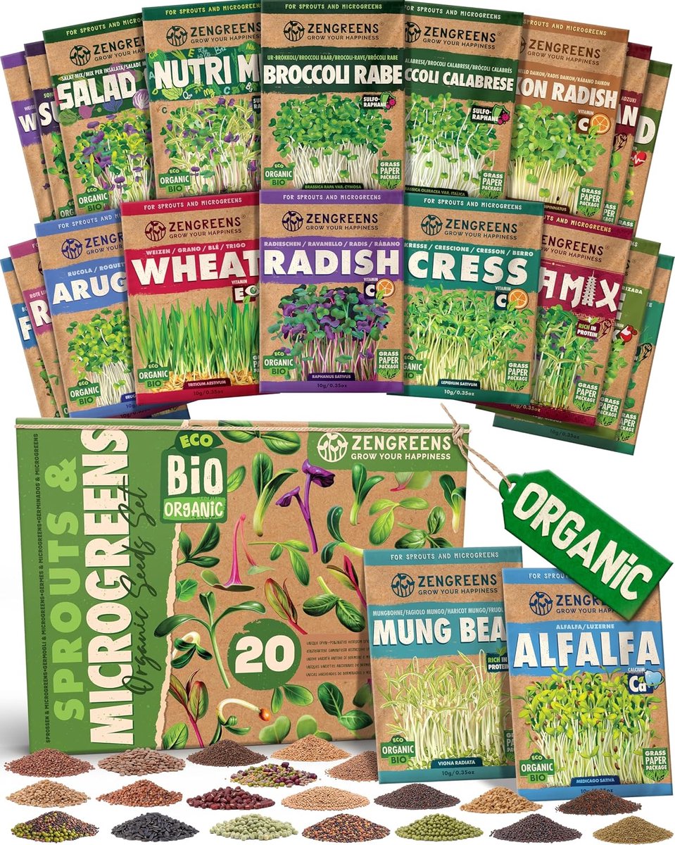 SnelShoppen - Biologische Kiemgroenten & Microgreens Zaden Set - 20st. voor Tuin, Keuken, Gezond Eten, Kweek je Eigen Groenten, Groene Kleur, Duurzaam