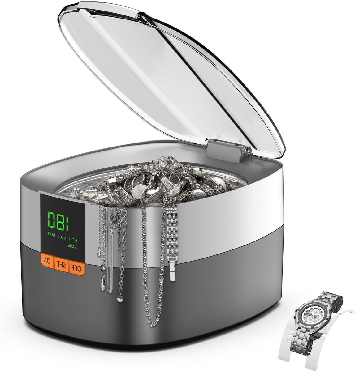 Ultrasone Reiniger - Sonische Bak - Dagelijkse Reiniging - 48.000 Trillingen Per Seconde - 750ml Capaciteit - Zilver