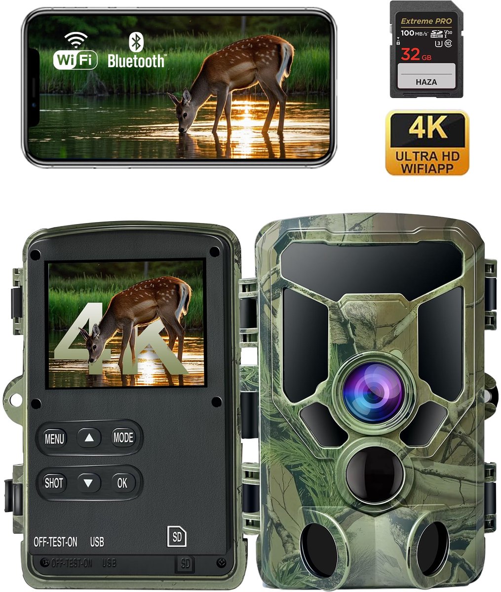 SnelShoppen - 4K Jachtcamera met Wifi, Bewegingsdetectie, Nachtzicht, Groothoek 120 Graden, Waterdicht IP66, 32 GB Kaart, Activering 0,1s, Fotoval voo