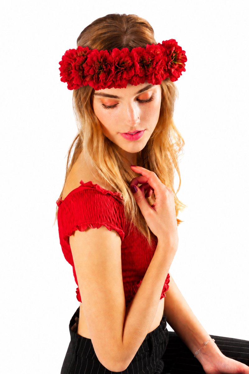 KIMU® Grote Ibiza Rode Bloemenkrans - Haar Rood Bloemen Haarband Bloem - Tropical Exotisch Jungle Safari Zomer Hibiscus Hawaii Hula Festival