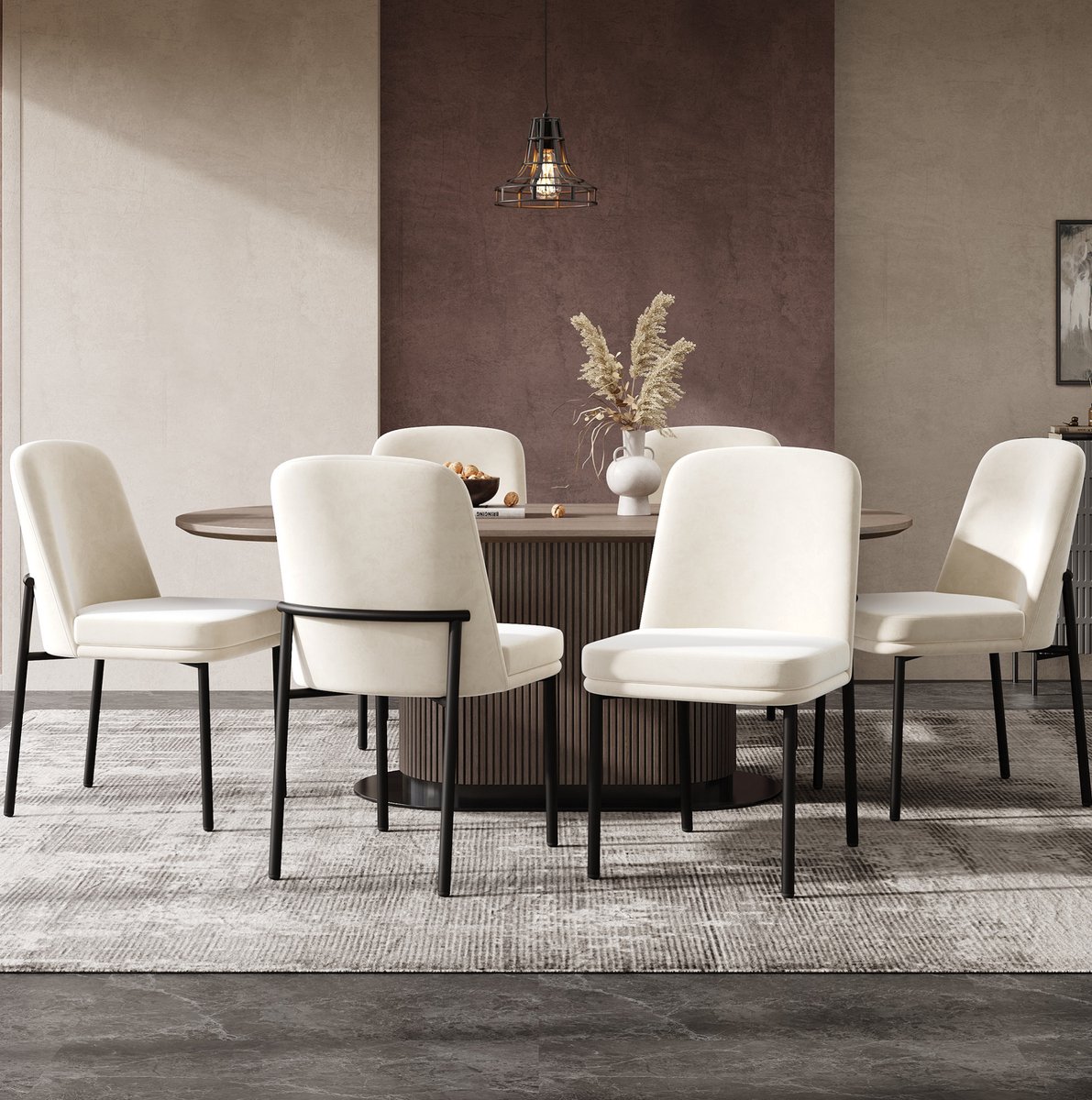 MEUNIQ Set van 4 beige velvet eetkamerstoelen met zwarte metalen poten, gestoffeerde zitting, moderne eetkamerstoel voor eetkamer en woonkamer
