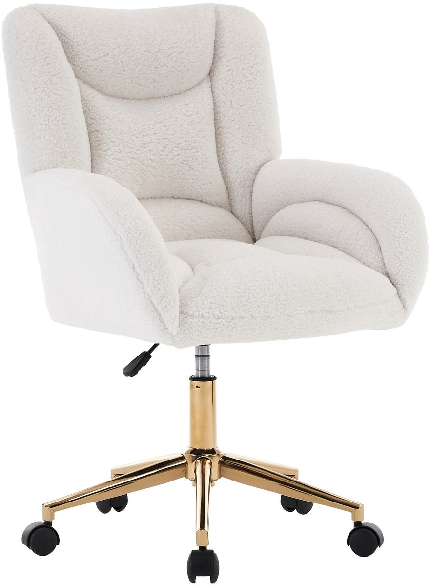 RosaBloom Bureaustoel - Draaistoel - Werkstoel - In Hoogte Verstelbaar - Ergonomisch Design - 64x62x93 cm - Teddy-stof & Metaal - Wit & Goud