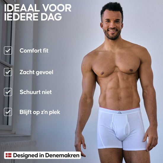 Model in witte boxer, met de tekst "Ideaal voor iedere dag".
