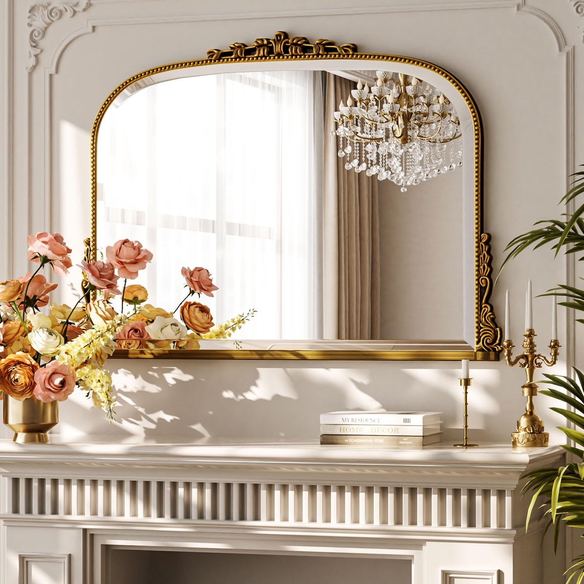 SnelShoppen - Ovale Wandspiegel 90x67 cm, Barok Gouden Frame, Breukveilige Vintage Decoratieve Spiegel voor Woonkamer, Badkamer, Hal, Grote Muurdecora