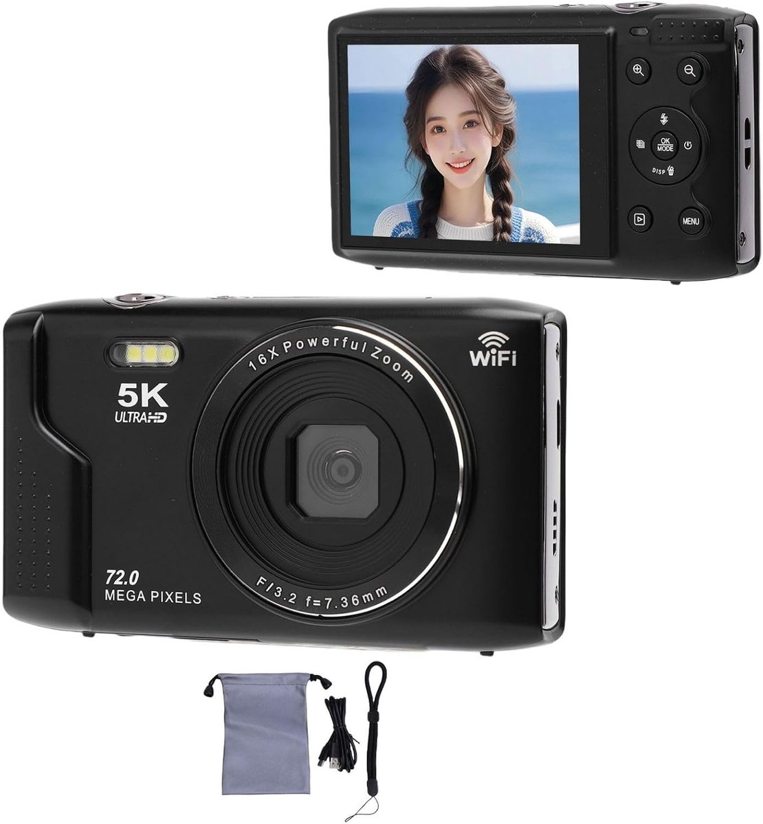 SnelShoppen - Digitale Camera 5K 72MP met WLAN, 16X Digitale Zoom, Auto Focus, Vlogging Camera met 2.8-inch Ultra HD Scherm, Ingebouwde Flitser en Mic