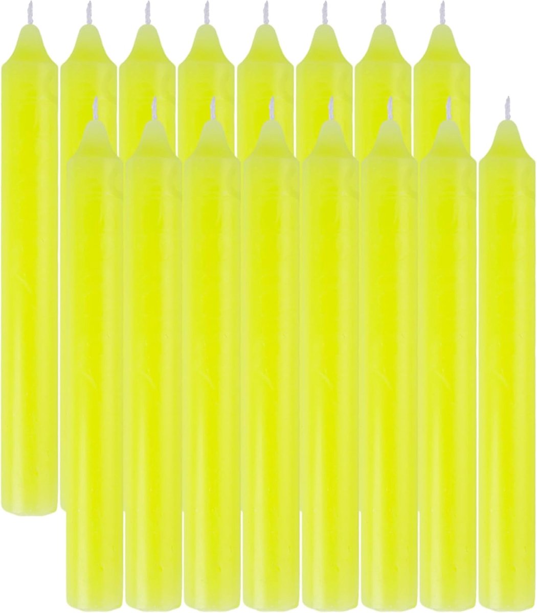 SnelShoppen - 16 Stuks Cilindervormige Kaarsen van 100% Paraffine met Katoenen Pit 17,5 cm - Langdurig, Geurloos, Neon Geel - Perfect voor Decoratie,