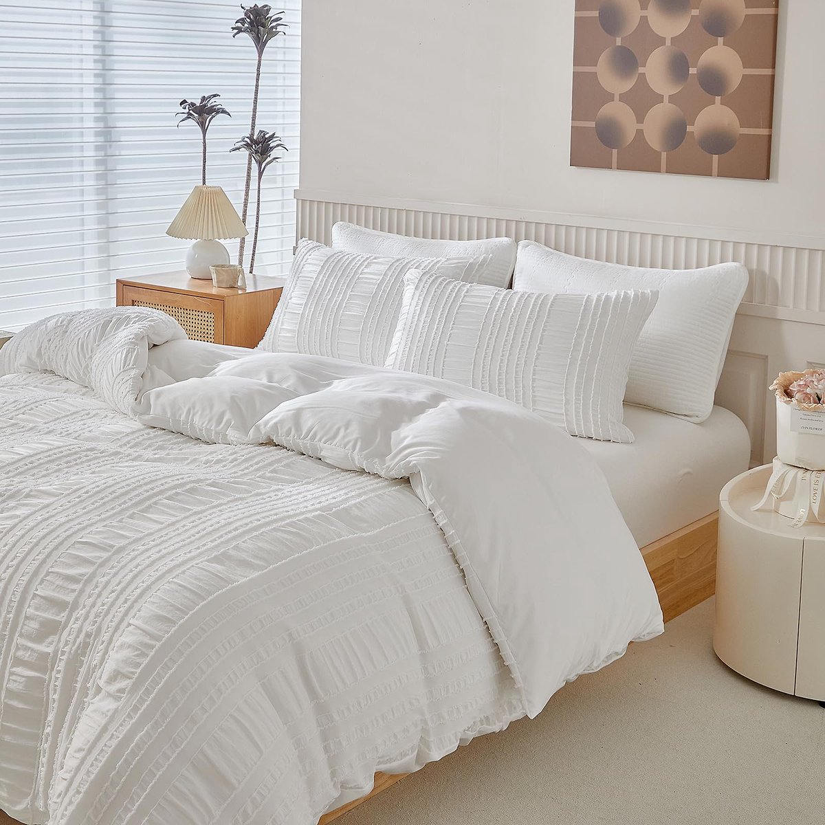 SnelShoppen - Seersucker Beddengoed 200x200 cm Wit Gestreept Getuft Boho Microvezel Dekbedovertrekset met Ritssluiting en 2 Kussenslopen 80x80