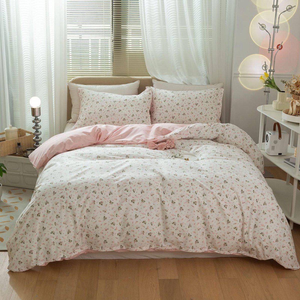 SnelShoppen - Roze Dekbedovertrek met Bloemenprint voor Kinderen en Meisjes - Volledige Grootte Katoenen Beddengoedset - Esthetisch Wit Dekbed met Bot