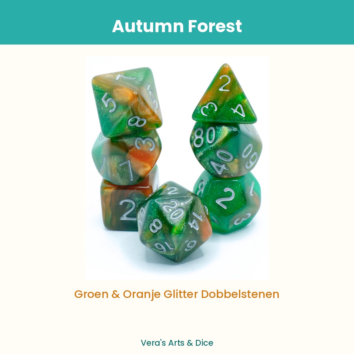 Autumn Forest - Vera's Arts & Dice - Dobbelstenen Set - 7-delig - Groen Oranje Wit - D&D RPG