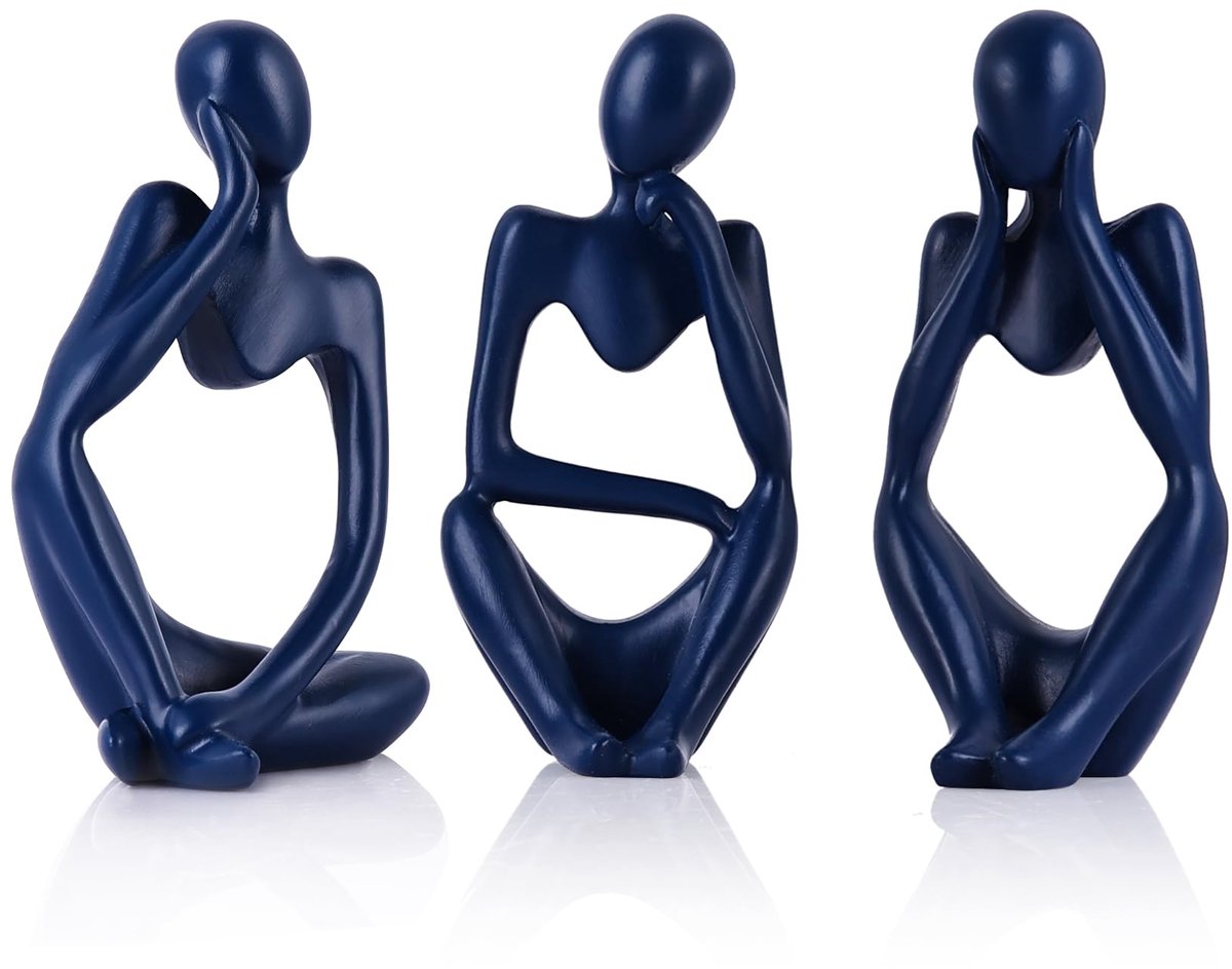 SnelShoppen - Navy Blue Thinker-beeldjes set van 3 - Marineblauw decor voor tafel, tv-standaard, bureau, moderne harsfiguren voor woonkamer, minimalis
