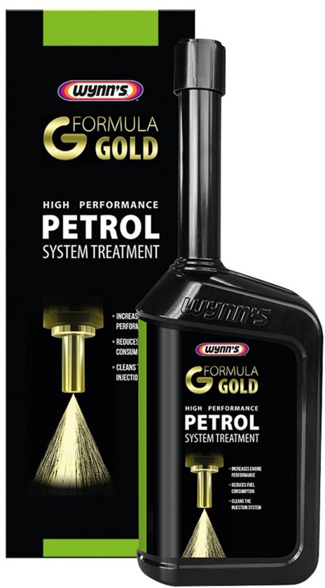 Wynn's Formula Gold Petrol System Treatment fles en doos. Zwarte fles met gouden en rode opdruk, met een afbeelding van een straal uit een injector.