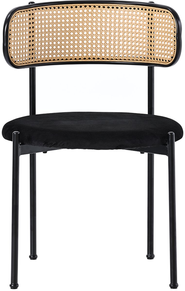 Welltin Fluwelen eetkamerstoel, set van 6, moderne, eenvoudige relaxstoel met vier metalen steunpoten, rotan relaxstoel, stoel voor woonkamer en slaapkamer, zwart