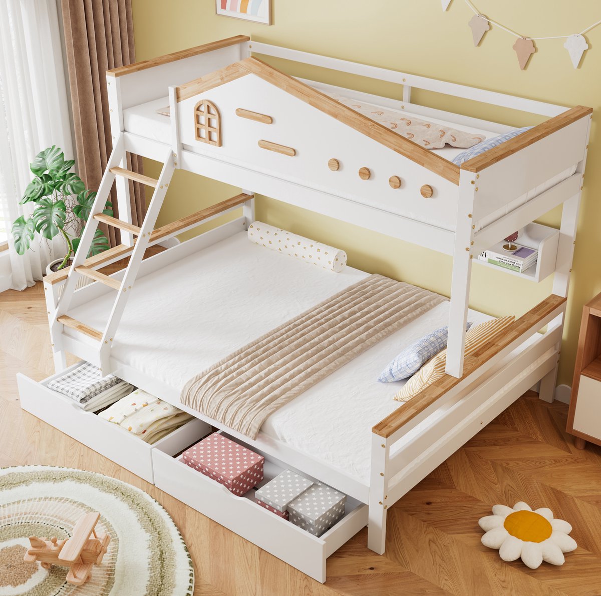 COVREO Bed 90x200 en 140x200 cm wit/naturel 2 lades zonder matras