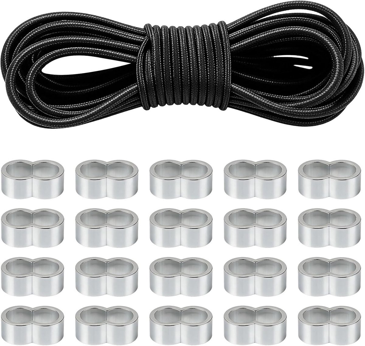 Zwart elastisch koord 6 mm x 10 m - Rond bungee cord en elastisch touw voor kamperen, tuin en zeilen met 20 clips