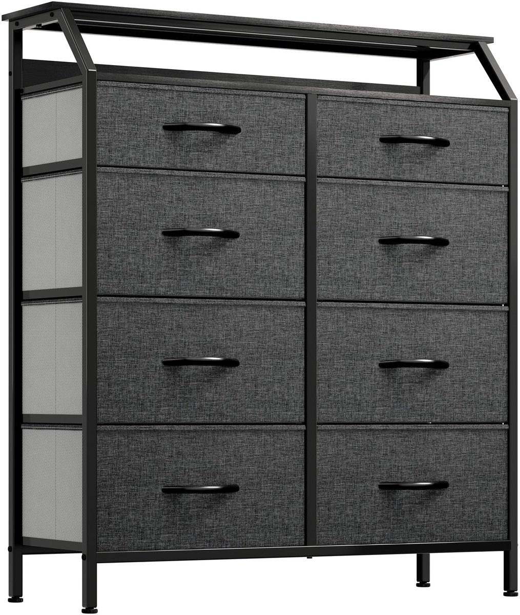 SnelShoppen - Ladekast met 8 Laden, Stoffen Opbergkast met Planken, Stevig Stalen Frame, Verstelbare Voetjes, Zwart/Grijs, Geschikt voor Slaapkamer, K