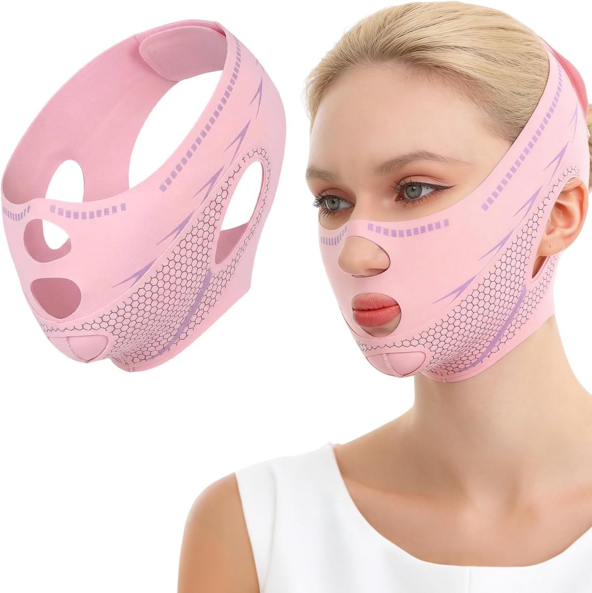 Verwarmend slaapmasker voor het verminderen van een dubbele kin, 3D-lifting en verstelbare V-lijn gezichtsvormer in roze