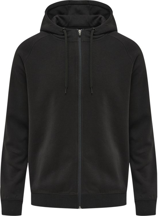 Zwarte hoodie met rits, capuchon en trekkoord, close-up van de voorkant.