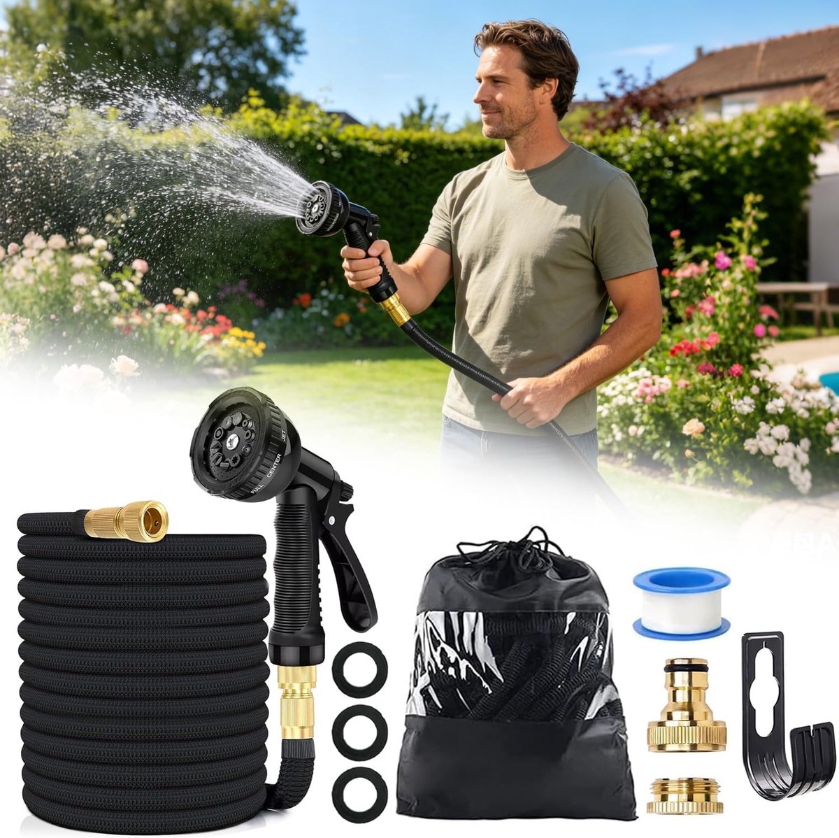 Tuinslang Uitschuifbaar - Flexibele Waterslang - Tuin Besproeien - 8 Sproei Functies - 15 meter - Groen