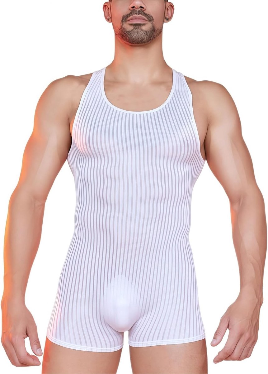 Wrestling Singlet Mouwloos Jumpsuit met Mesh en Gestreept Ontwerp voor Festivals, Rave en Clubgebruik
