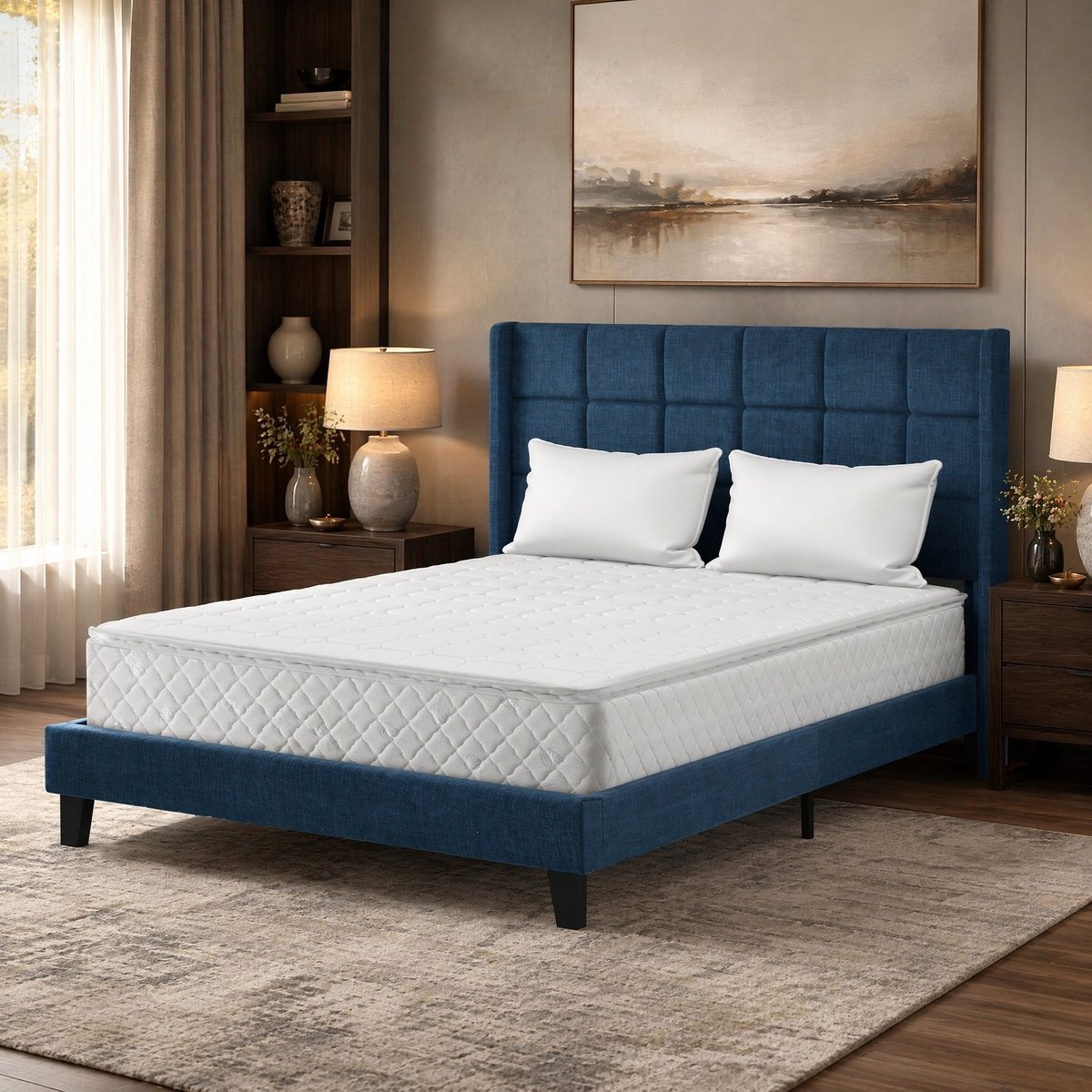 COVREO Bedframe 140x200 cm blauw stof, lattenbodem en hoofdbord, met matras