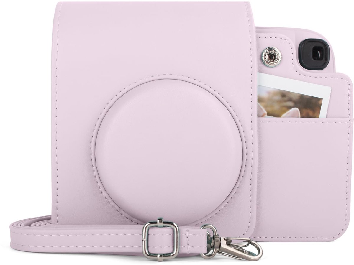 SnelShoppen - Hoes voor Instax Mini 13 - Hoogwaardig PU-leer - Volledige Bescherming - Roze Candypink - Achtervak voor Foto's - Verstelbare Schouderri