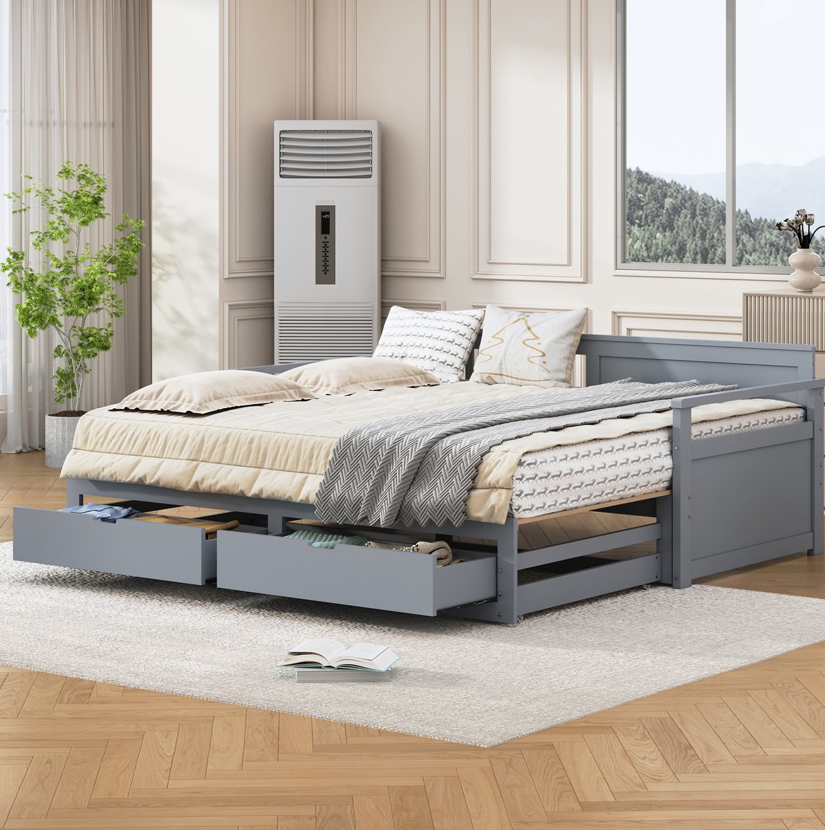 COVREO Bed 180x190 cm grijs hout met uitschuifbed zonder matras